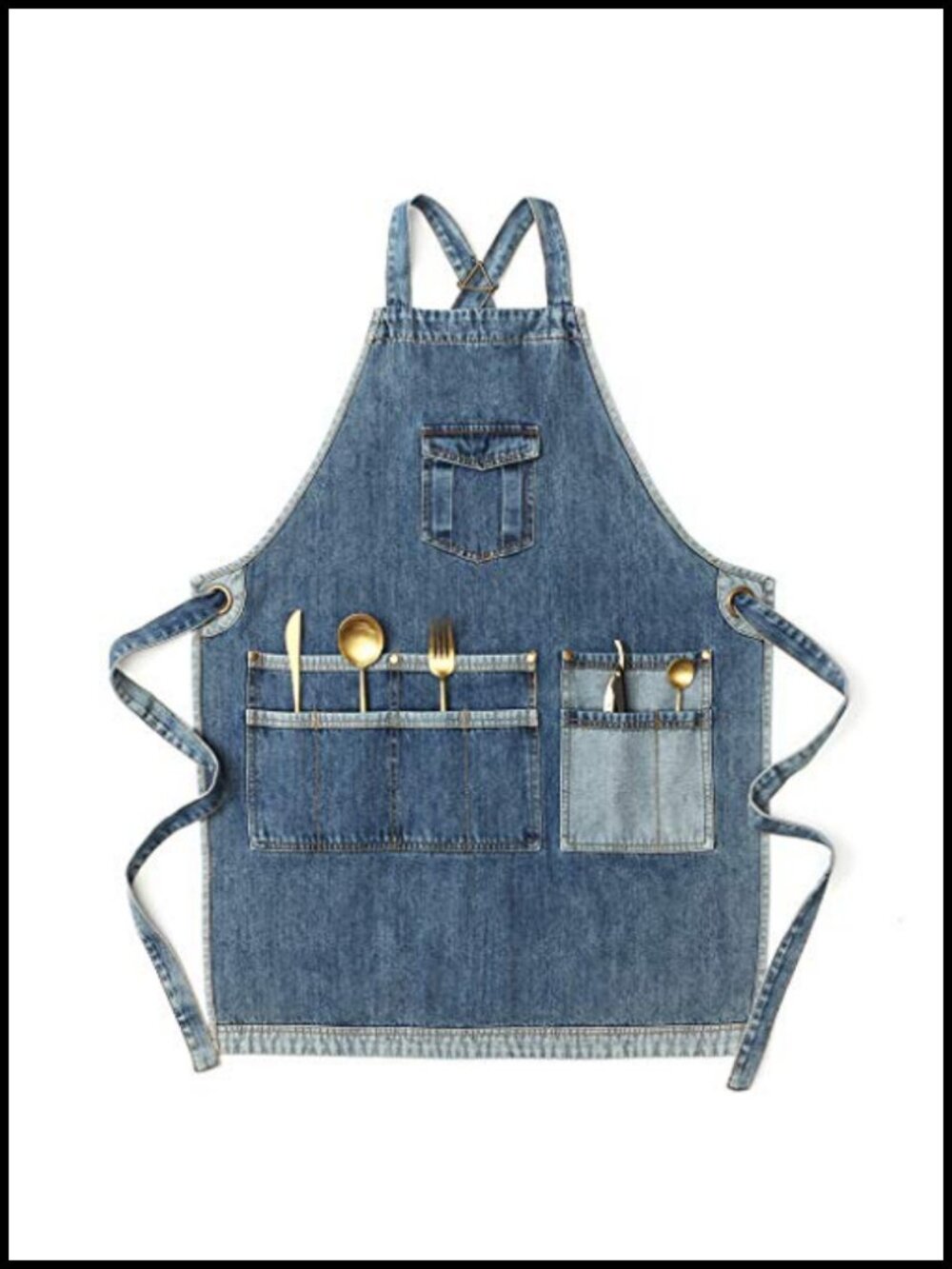 Cotton Denim Work Apron with 10 Pockets Cross Straps Adjustable